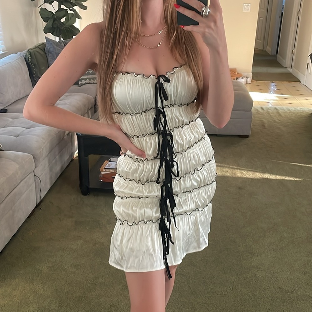 Romantic Satin Bow Tie Ruffle Mini Dress - Picture 3 of 7